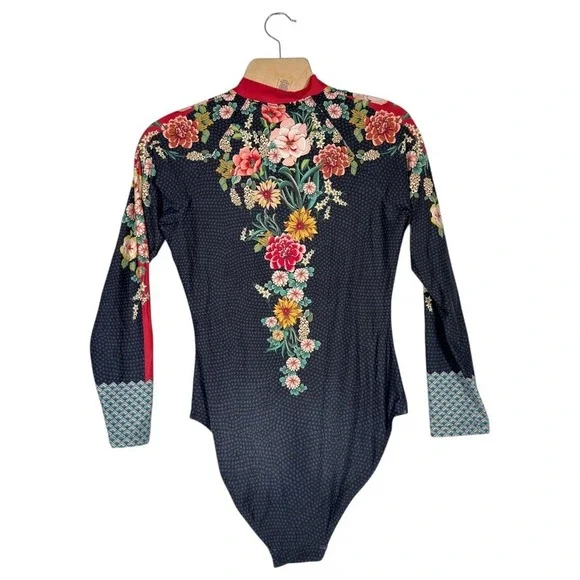 Johnny Was Floral Long Sleeve Rash Guard One Piece Swimsuit CSW3122-HX Black 1X - Picture 3 of 6